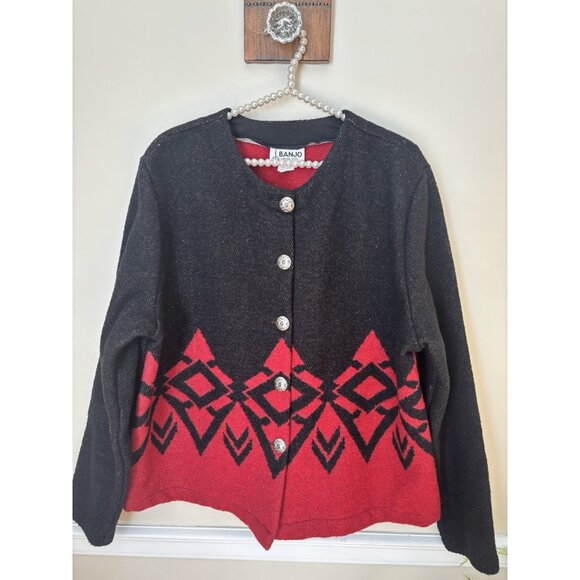 Vintage Banjo Dallas TX Womens Size XL Red Black Jacket Wool Blend Southwestern - Picture 1 of 6